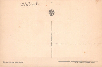 Back of a vintage postcard with text and a logo on a beige background