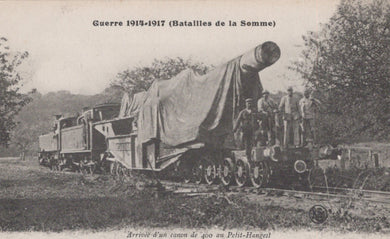 Vintage postcard showing a large artillery piece being transported on a train, with soldiers around it, set against a natural landscape.