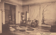 Load image into Gallery viewer, Vintage illustration of a hotel room interior with furniture and decor.
