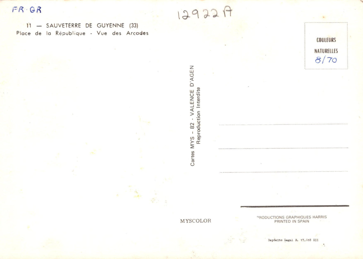 Back of a postcard with text and numbers on a white background