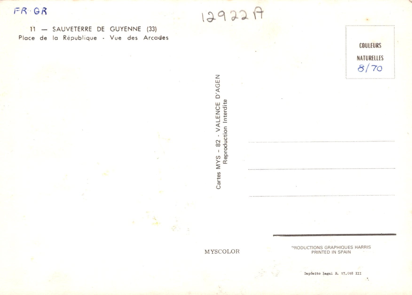 Back of a postcard with text and numbers on a white background