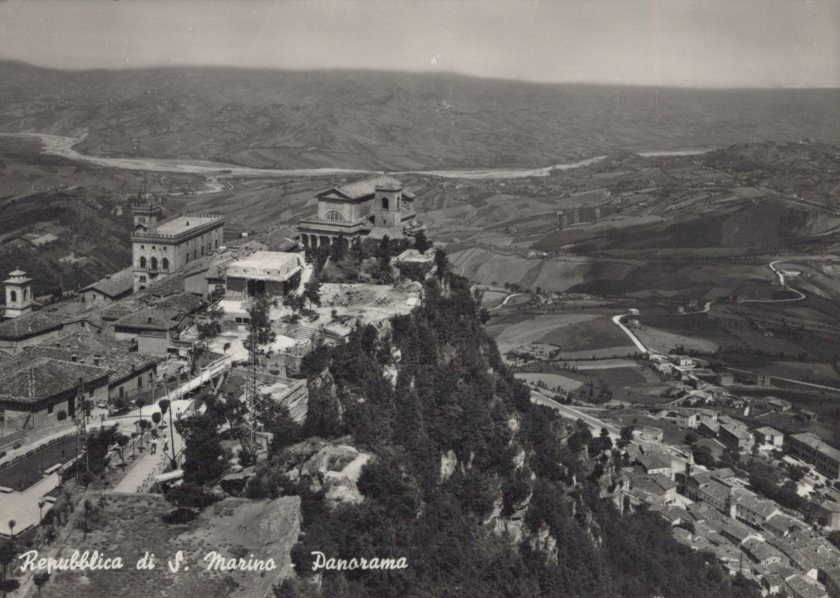 Vintage aerial view of Republic of San Marino with buildings and roads.