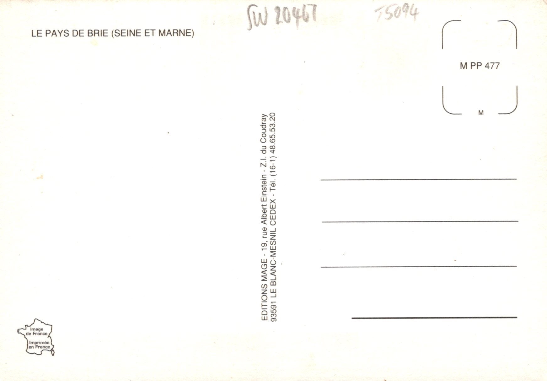 Back of a postcard with text and a small logo on a white background