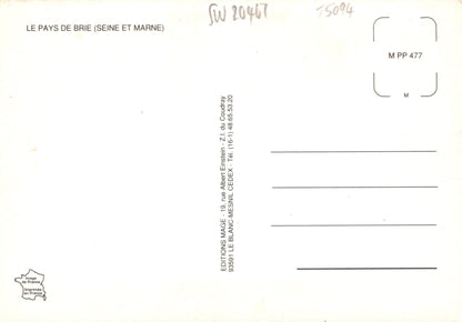 Back of a postcard with text and a small logo on a white background