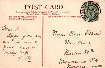 Vintage postcard with handwritten text and a stamp, featuring a message to Miss Elsie Harris.