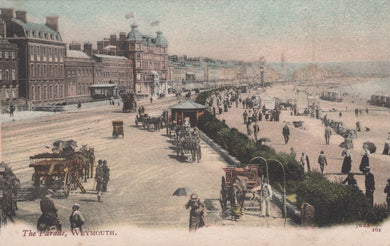 Vintage postcard of a busy street scene with people and horse-drawn carriages in Weymouth.