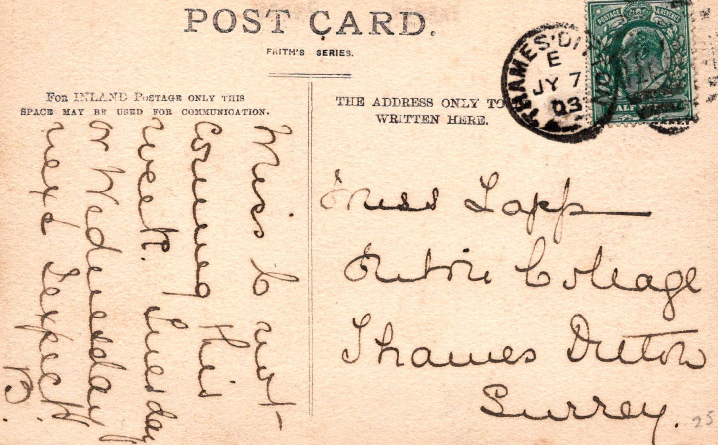 Vintage postcard with handwritten text and postage stamp, featuring a clear view of the sender's address.