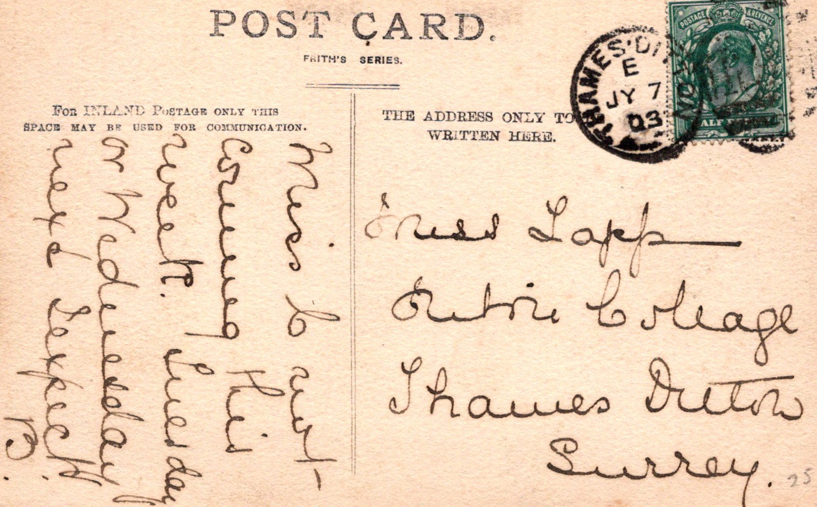 Vintage postcard with handwritten text and postage stamp, featuring a clear view of the sender's address.