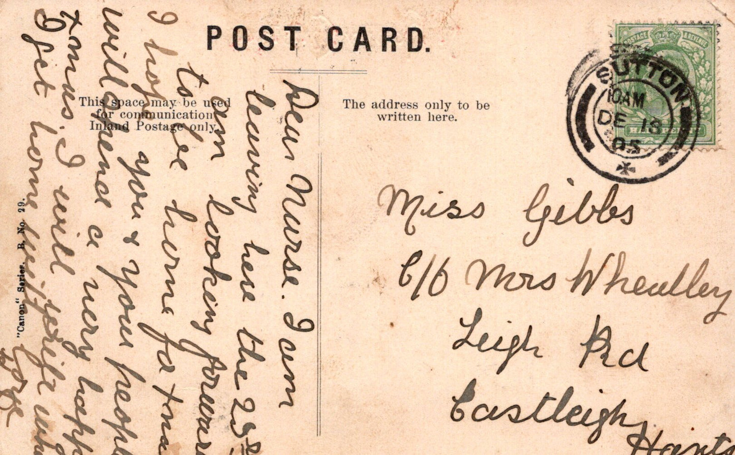 Vintage postcard with handwritten text and a stamp, featuring the word 'Sutton'.