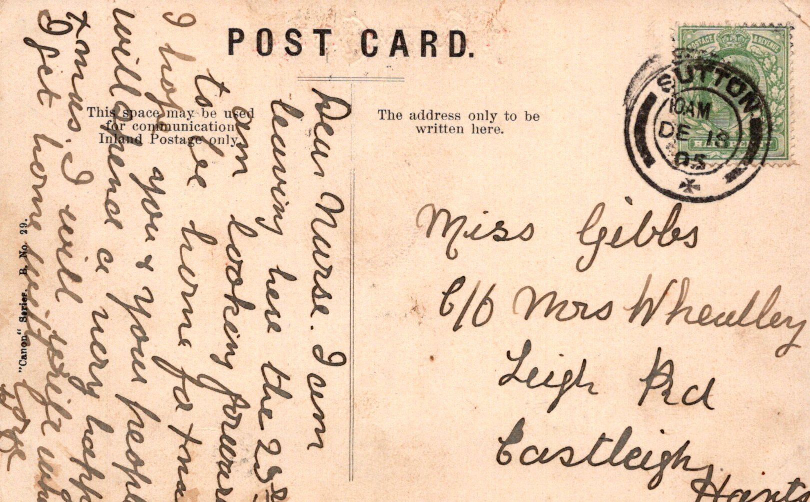 Vintage postcard with handwritten text and a stamp, featuring the word 'Sutton'.