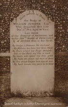 Load image into Gallery viewer, Gravestone with inscriptions of William Juniper, Esq. in a churchyard.
