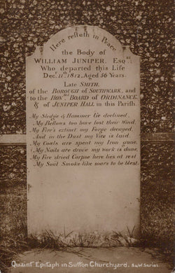 Gravestone with inscriptions of William Juniper, Esq. in a churchyard.