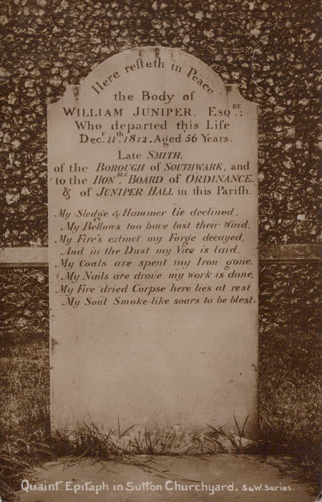 Gravestone with inscriptions of William Juniper, Esq. in a churchyard.