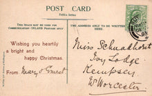 Load image into Gallery viewer, Vintage Christmas postcard with text and postage stamp

