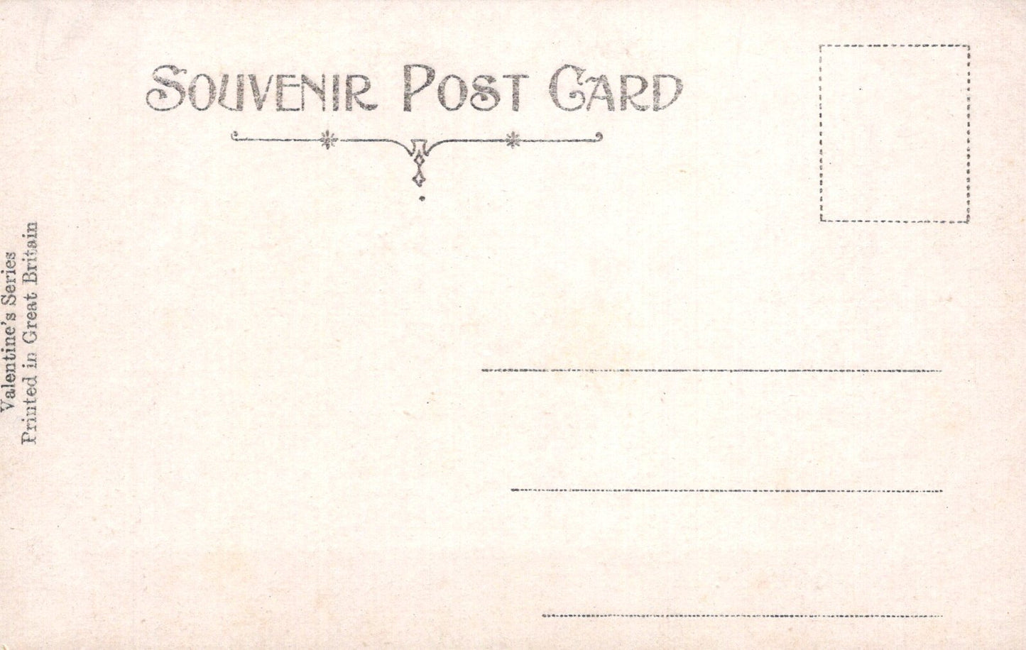 Vintage-style souvenir postcard with decorative text and a blank area for writing.