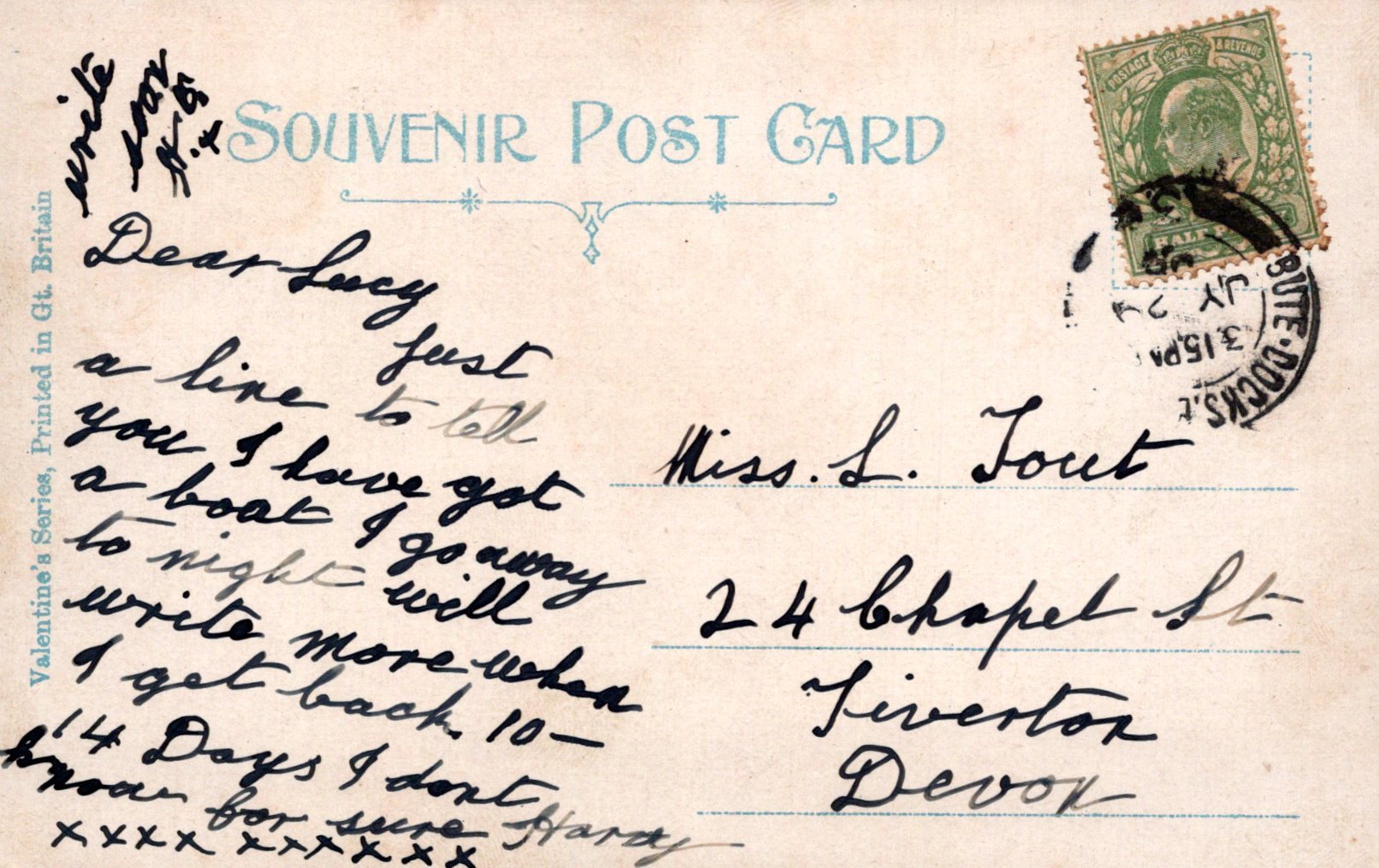 Vintage postcard with handwritten text, postage stamp, and postmark.