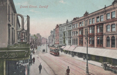 Vintage postcard of Queen Street, Cardiff with tram and pedestrians.