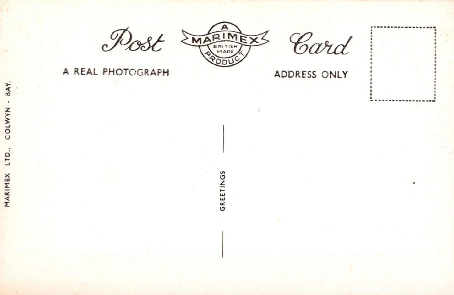 Back of a postcard with 'Marimex' branding and text instructions.
