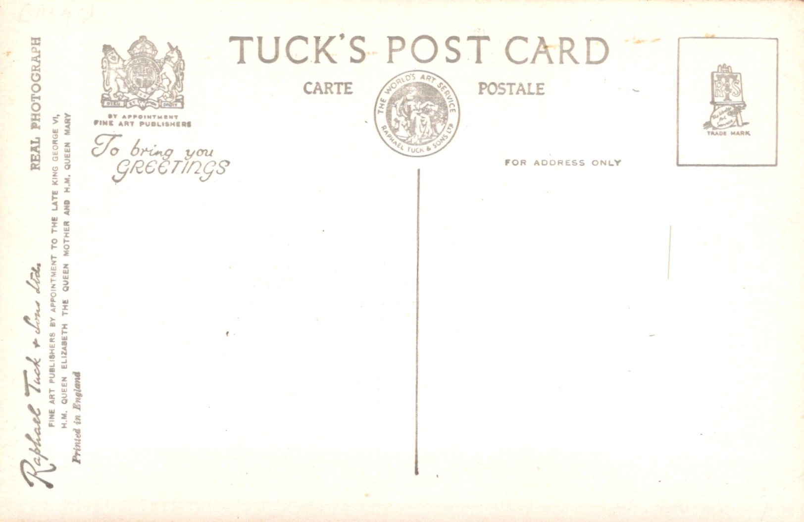Back of a Tuck's postcard with text and logos