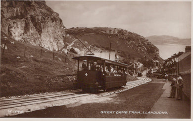 Vintage photograph of a tram on tracks with a scenic background