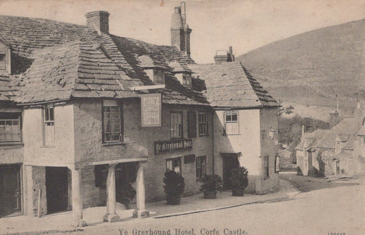 Vintage black and white photo of Ye Greyhound Hotel in Corte Castle
