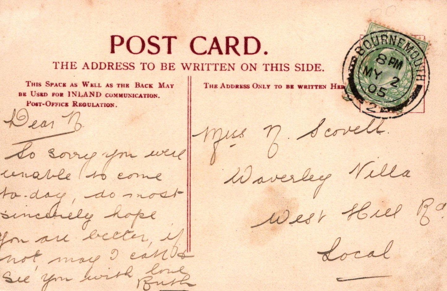 Vintage postcard with handwritten text and a stamp, featuring the word 'POSTCARD'.