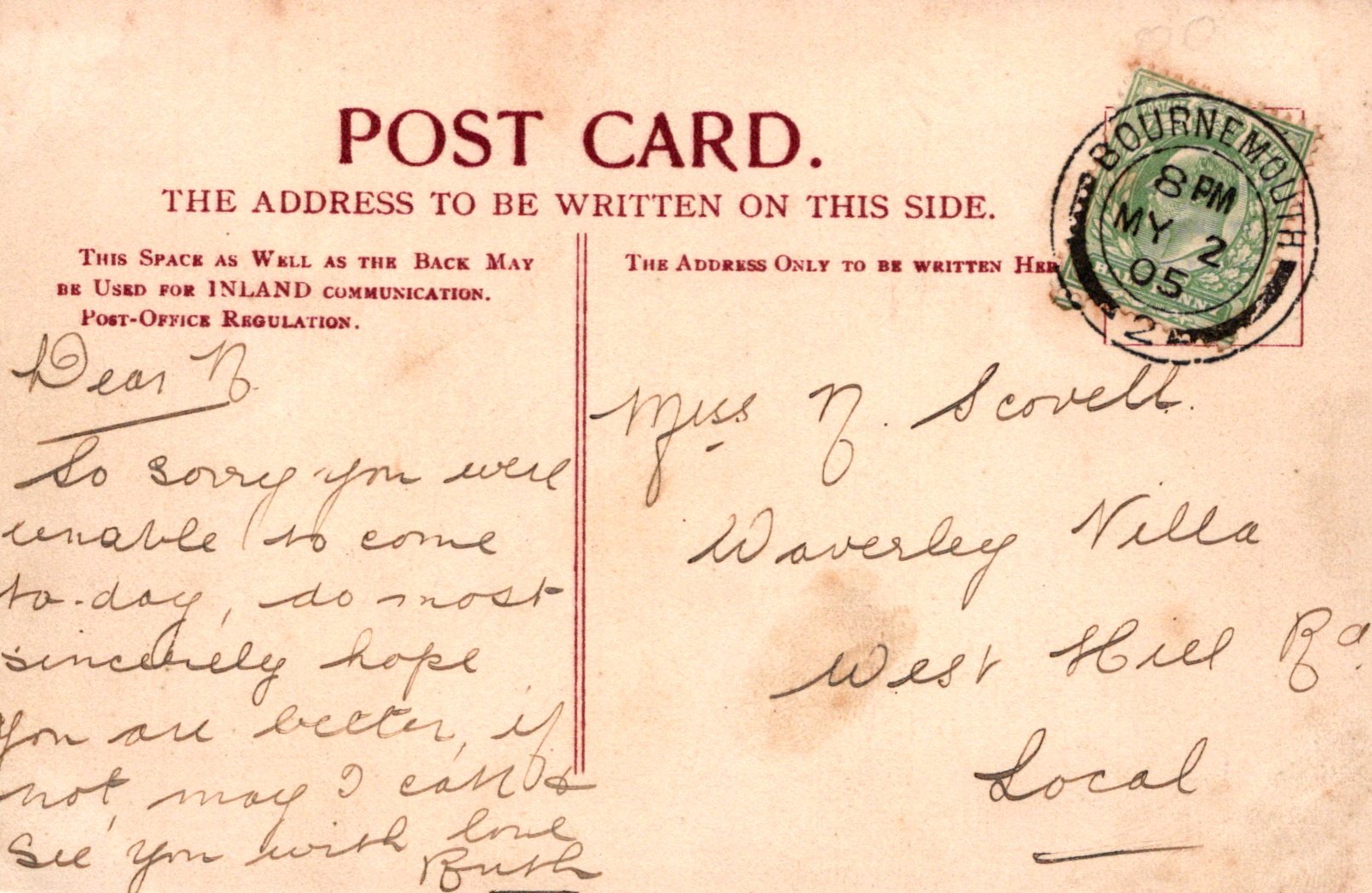 Vintage postcard with handwritten text and a stamp, featuring the word 'POSTCARD'.