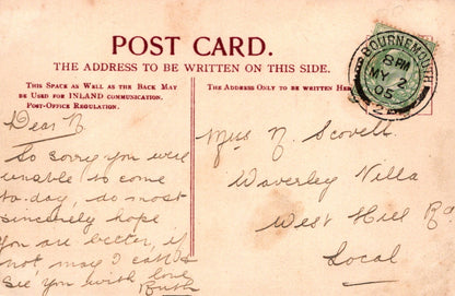 Vintage postcard with handwritten text and a stamp, featuring the word 'POSTCARD'.