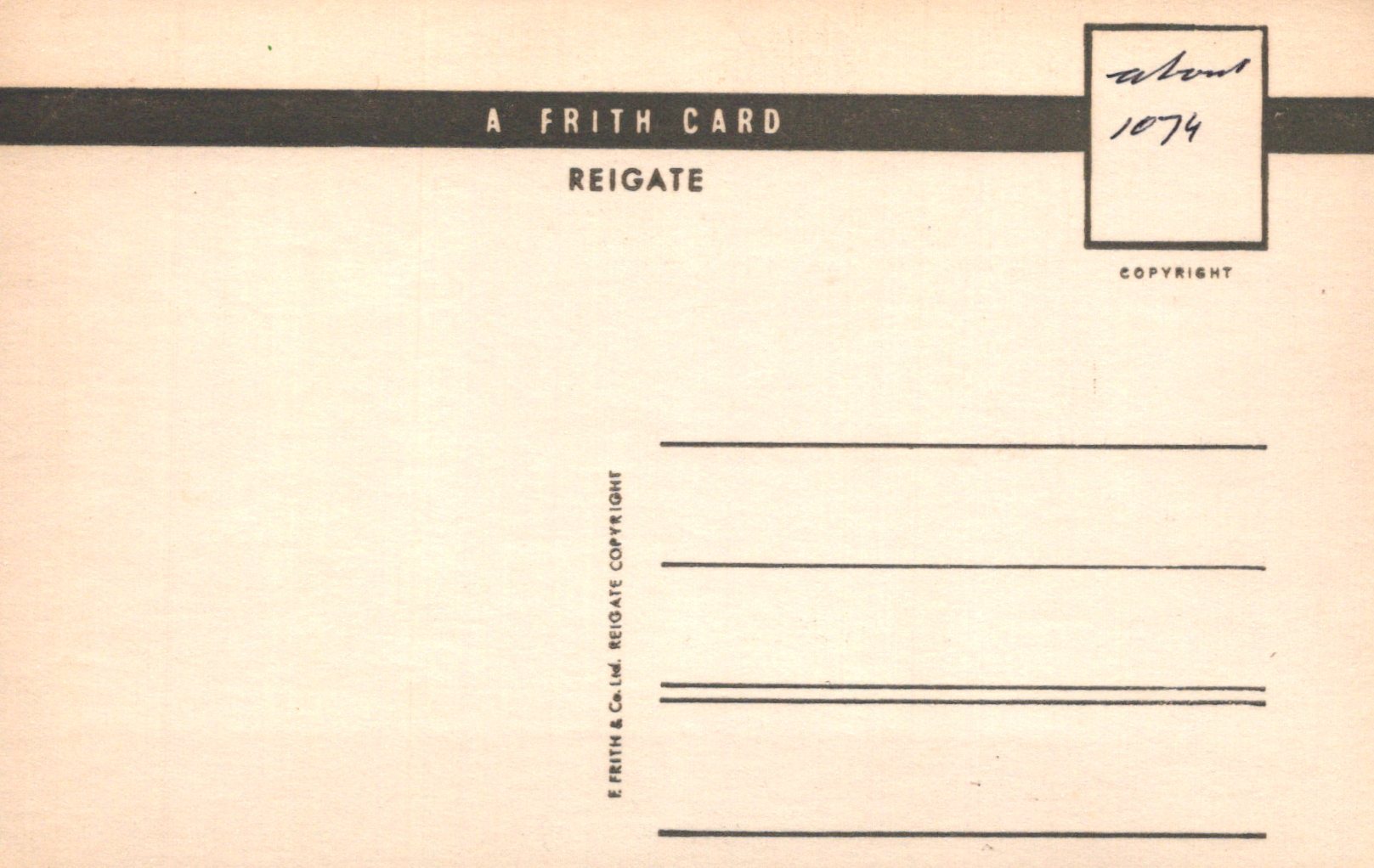 Back of a Frith card with text and design elements on a beige background