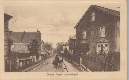 Vintage black and white photograph of a street scene on Church Road, Leatherhead.