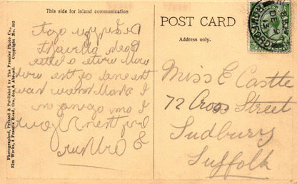 Vintage postcard with handwritten text and a stamp, addressed to Miss E. Castle at 72 Cross Street, Sudbury, Suffolk.