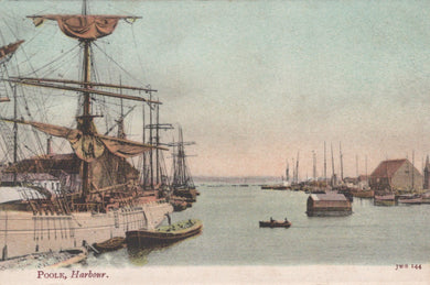 Vintage illustration of Poole Harbour with ships and boats.