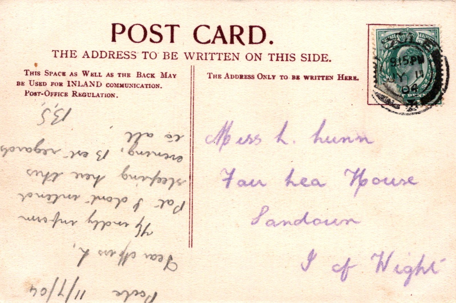 Vintage postcard with handwritten text and a stamp, used for inland communication.