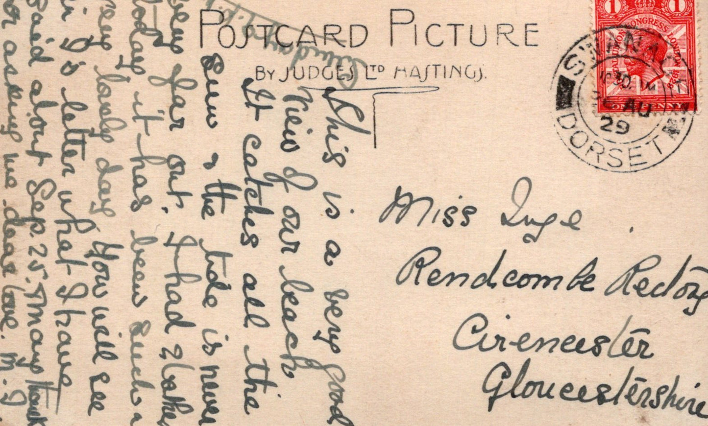 Vintage postcard with handwritten text and a red stamp, featuring the text 'Postcard Picture by Judge W. H. Hastings'.