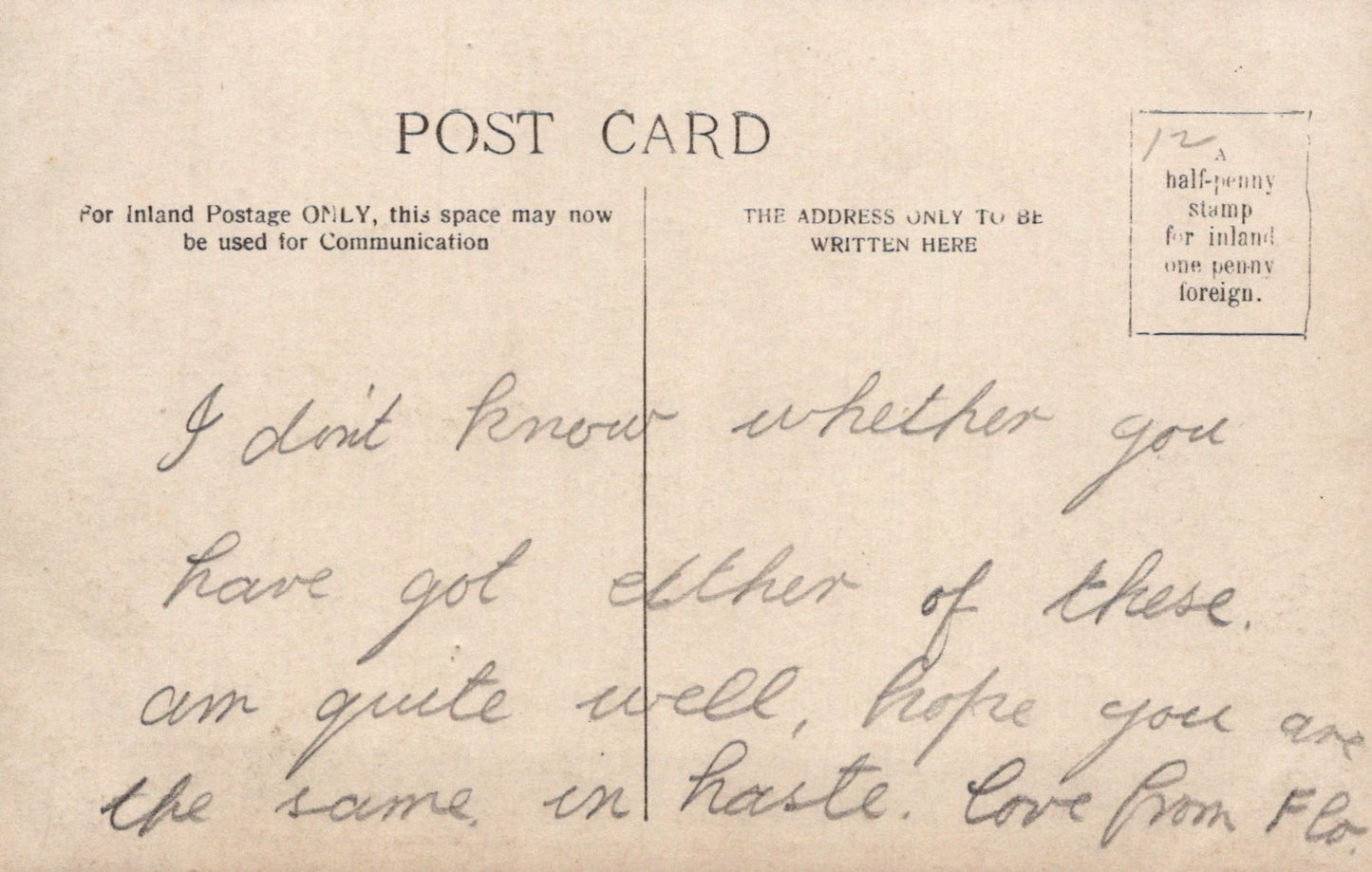 Vintage postcard with handwritten text on a beige background