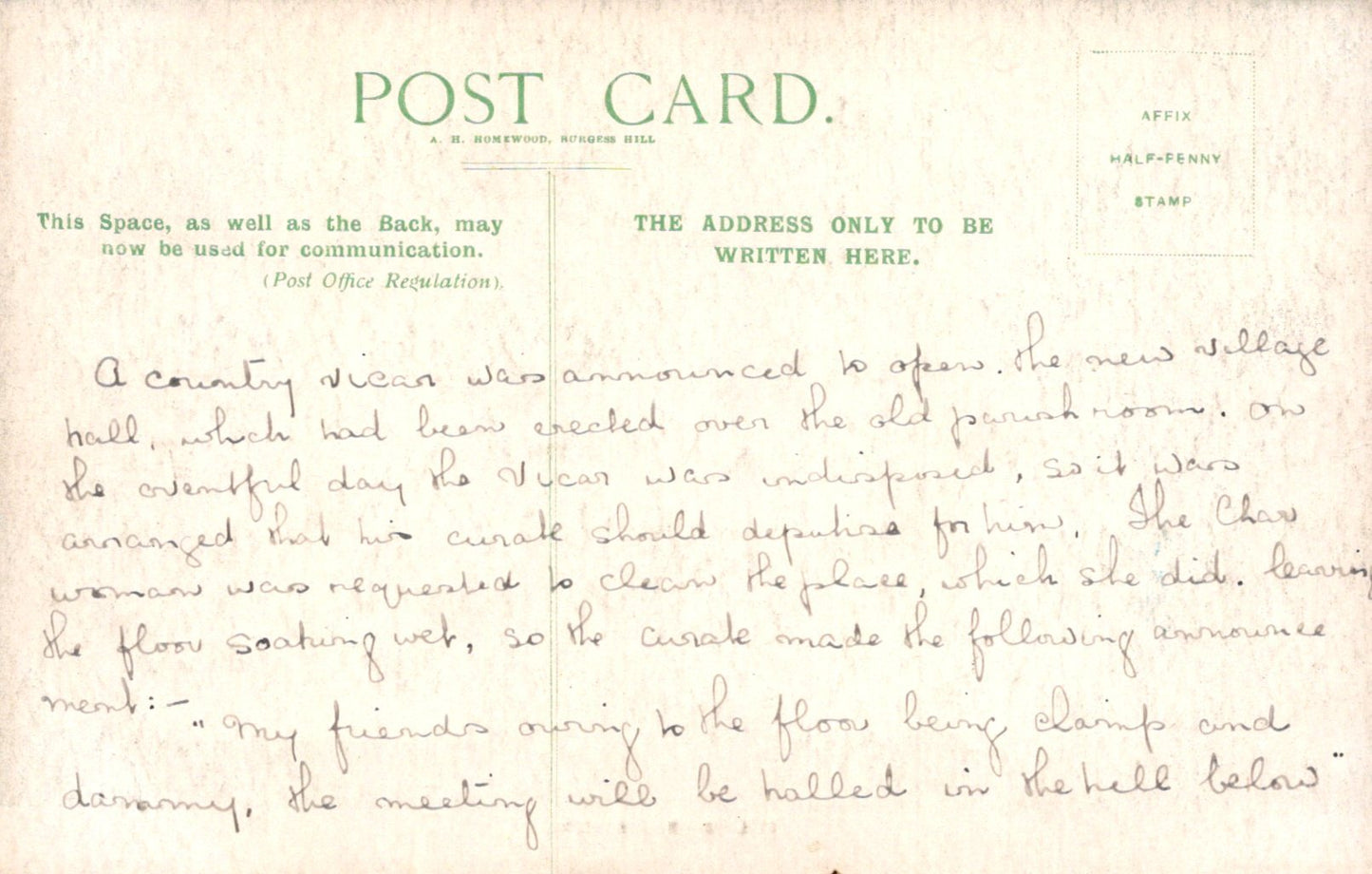 Vintage postcard with handwritten text on a light brown background