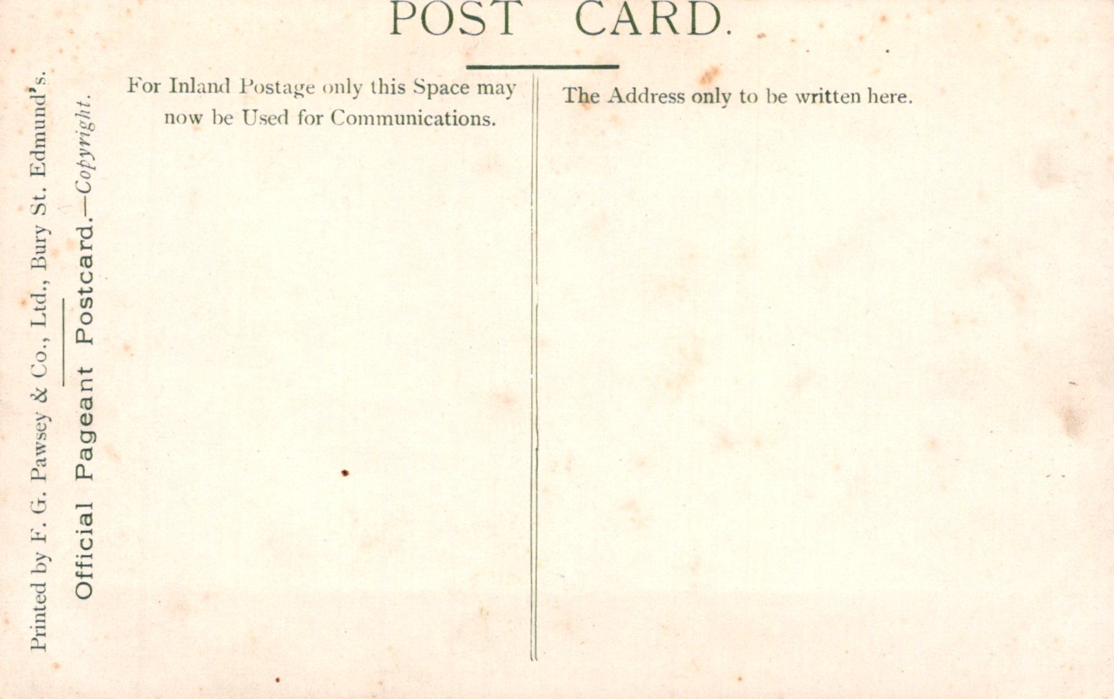 Vintage postcard with text and a vertical line on a light pink background