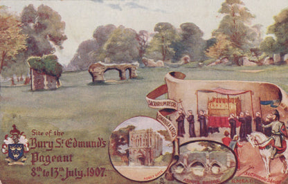 Illustration of a historical pageant scene with people and a horse, set against a landscape with trees and a stone archway.