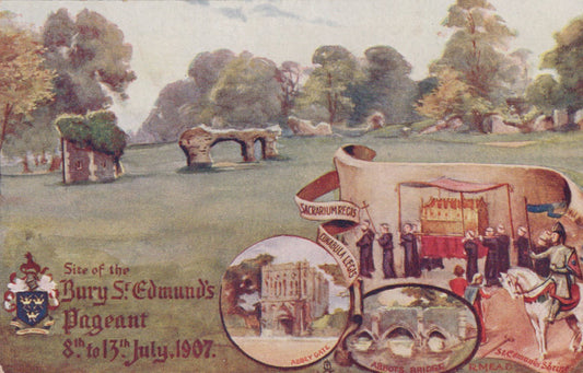 Illustration of a historical pageant scene with people and a horse, set against a landscape with trees and a stone archway.