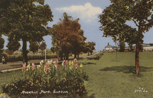Vintage postcard of Rosehill Park, Sutton with trees and flowers.