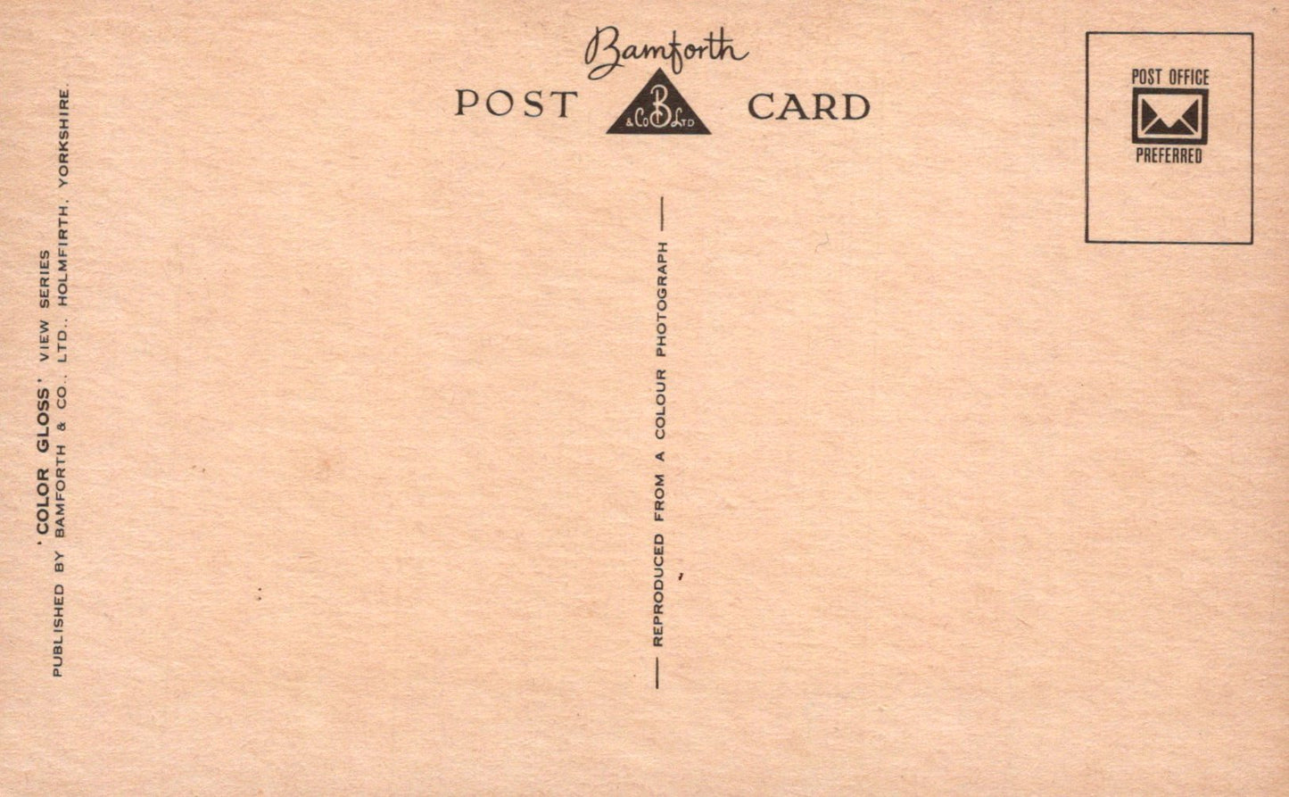 Back of a postcard with 'Bamforth' branding and text