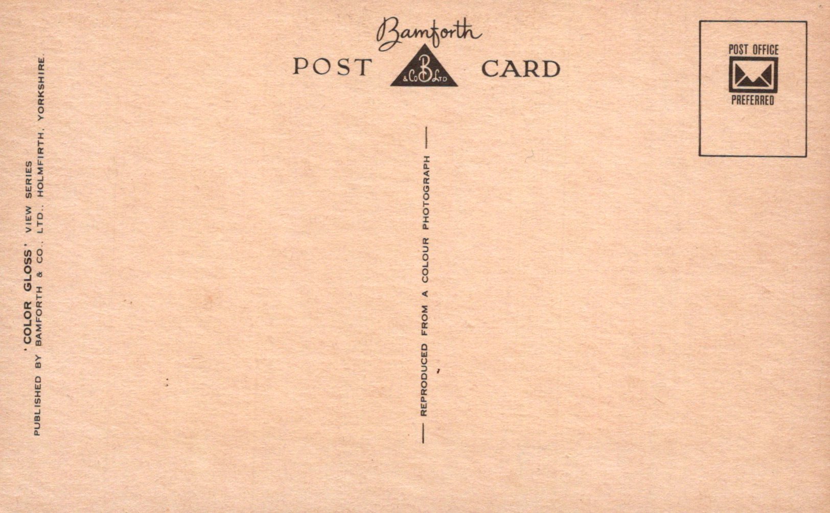 Back of a postcard with 'Bamforth' branding and text
