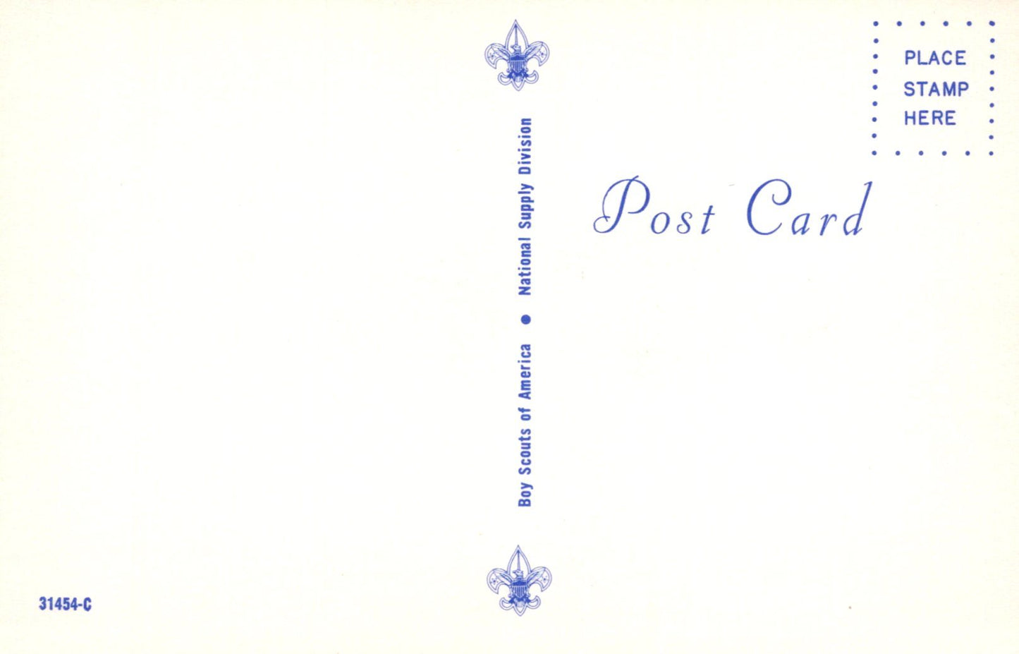 Blank postcard with blue text and graphics on a white background