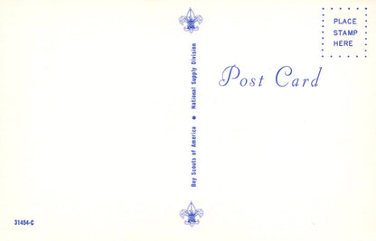Blank postcard with blue text and graphics on a white background