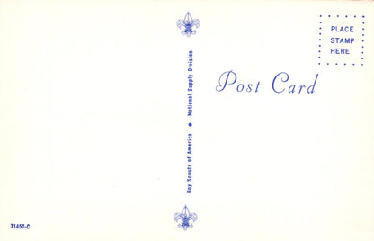 Vintage postcard with Boy Scouts of America logo and text on a light background