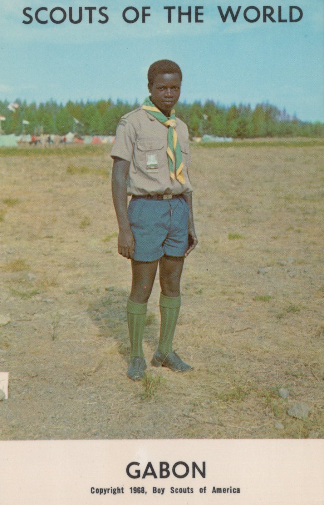 Scout standing in a field with trees in the background, wearing a uniform.