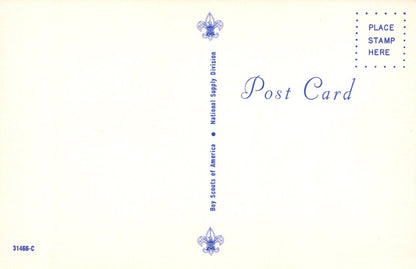 Vintage postcard with blue text and logos on a light background