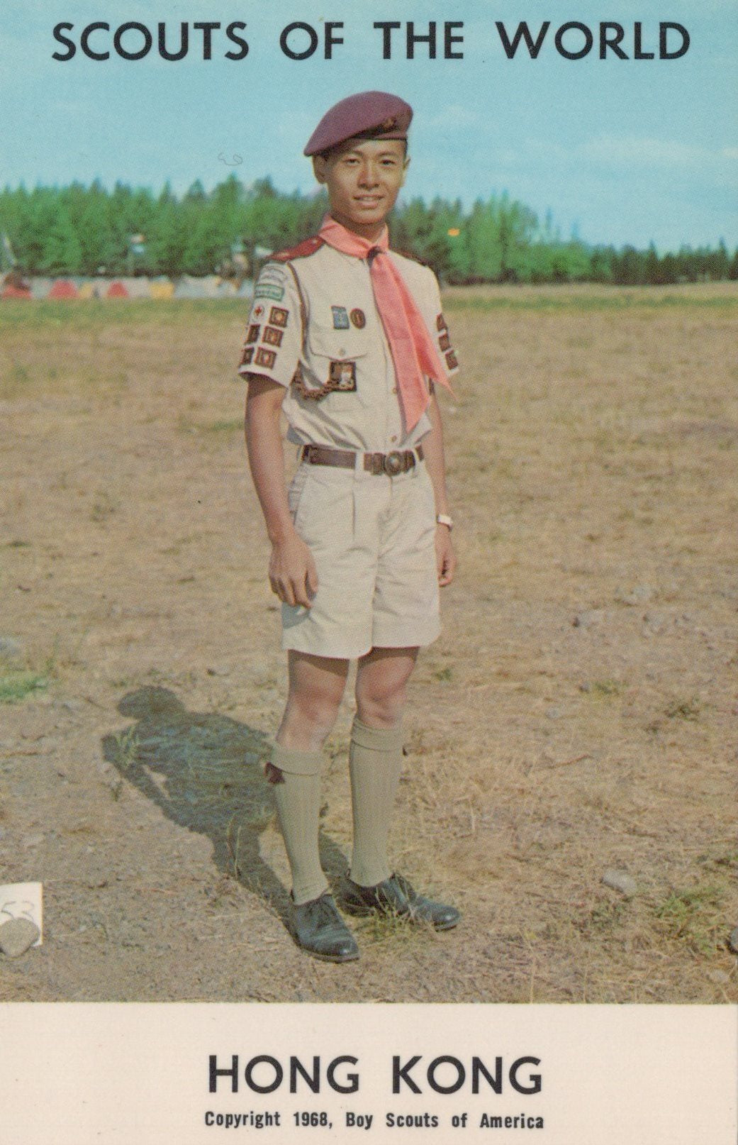 Scout in uniform standing outdoors with 'Scouts of the World' and 'Hong Kong' text.