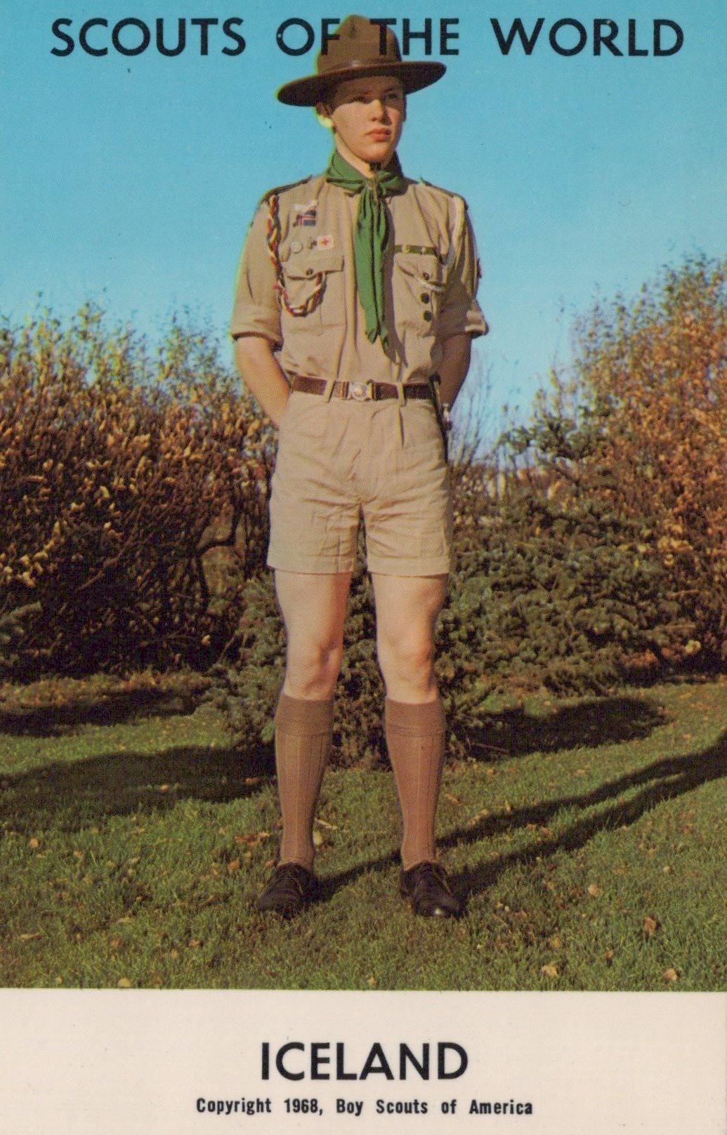 Scout in uniform with 'Scouts of the World' and 'Iceland' text on a blue sky background