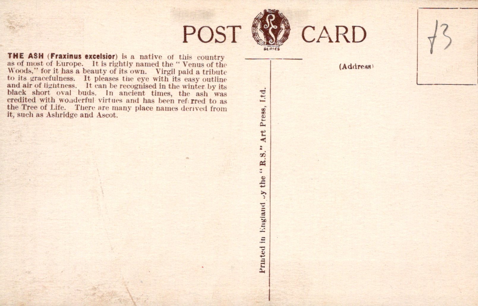Vintage postcard with text and a logo on a beige background